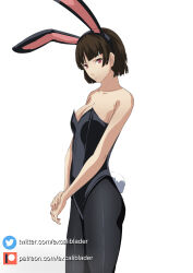 Rule 34 | 1girl, alternate costume, animal ears, bare shoulders, black leotard, black pantyhose, bow, bowtie, braid, breasts, brown hair, commentary, crown braid, english commentary, excaliblader, fake animal ears, fake tail, highres, leotard, looking at viewer, medium breasts, niijima makoto, pantyhose, patreon username, persona, persona 5, playboy bunny, rabbit ears, rabbit tail, red eyes, short hair, smile, solo, strapless, strapless leotard, tail, twitter username, white background