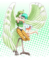 Rule 34 | 2girls, bad id, bad pixiv id, barefoot, blue hair, breasts, closed eyes, clothes writing, donquixote pirates, dress, feathered wings, feathers, glomp, green hair, happy, harpy, hug, long hair, monet (one piece), monocle, monster girl, multiple girls, one piece, open mouth, polka dot, polka dot dress, short hair, siblings, sisters, smile, striped, sugar (one piece), talons, tank top, winged arms, wings, yudoufu (tetra y)