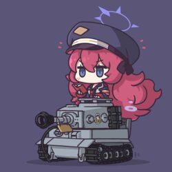 Rule 34 | 1girl, blue archive, book, chibi, commentary request, hair between eyes, halo, hat, holding, holding book, iroha (blue archive), long hair, long sleeves, looking away, military, military vehicle, motor vehicle, necktie, peaked cap, purple eyes, ran system, red hair, riding, school uniform, sidelocks, simple background, smoke, solo, tank, tiger i