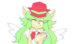 Rule 34 | 1girl, animal ears, blush stickers, breasts, green hair, hat, leotard, mad rat dead, mouse (animal), mouse ears, mouse girl, nippon ichi, rat god, red eyes, tie clip, wings, wrist cuffs