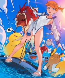 Rule 34 | 1girl, alolan form, alolan raichu, alternate color, bare legs, blue eyes, blue sky, breasts, cesar art456, cloud, commentary, competition swimsuit, creatures (company), day, earrings, english commentary, feet, game freak, gen 1 pokemon, gen 3 pokemon, gen 7 pokemon, gyarados, highleg, highleg swimsuit, highres, jacket, jewelry, kamina shades, legs, legs apart, long sleeves, looking at viewer, medium breasts, misty (pokemon), nintendo, one-piece swimsuit, open clothes, open jacket, open mouth, orange hair, outdoors, outstretched arm, pelipper, pokemon, pokemon (creature), pokemon hgss, psyduck, round eyewear, sandals, shiny pokemon, short hair, short ponytail, sky, smile, spoken x, squirtle, squirtle squad, standing, starmie, stud earrings, sun, sunglasses, swimsuit, teeth, toenails, toes, track jacket, triangular eyewear, upper teeth only, water, white footwear, white jacket, white one-piece swimsuit, wingull, x
