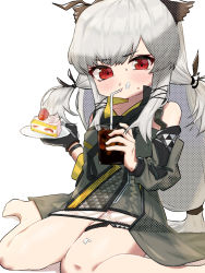 Rule 34 | 1girl, arknights, bare shoulders, black gloves, blush, cake, commentary request, cup, detached sleeves, dress, drinking glass, drinking straw, food, fork, full body, gloves, hair ornament, kotonowa, long hair, looking at viewer, no shoes, plate, red eyes, simple background, single glove, sitting, solo, thigh strap, weedy (arknights), white background