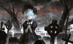 Rule 34 | 1girl, bird, black dress, blue eyes, cloud, cloudy sky, dress, floral print, gothic lolita, grave, graveyard, hair over one eye, halloween, hat, interlocked fingers, juliet sleeves, lolita fashion, long sleeves, looking at viewer, original, own hands clasped, own hands together, praying, puffy sleeves, scenery, seeker, silver hair, sky, solo, tree