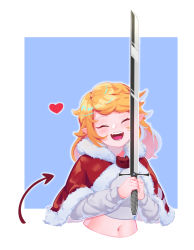 Rule 34 | 1girl, capelet, closed eyes, commission, demon tail, heart, highres, holding, holding sword, holding weapon, midriff, navel, open mouth, orange hair, original, outside border, pointy ears, smile, solo, sword, tail, upper body, weapon, yoruny