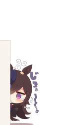 Rule 34 | 1girl, animal ears, black bow, black hair, blue headwear, blush, bow, chibi, hair over one eye, hand up, highres, horse ears, horse girl, horse tail, leaning to the side, long hair, long sleeves, looking at viewer, muuran, peeking out, purple eyes, rice shower (umamusume), shadow, solo, tail, tears, tilted headwear, translation request, umamusume, very long hair, white background