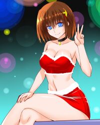 Rule 34 | 1girl, bare shoulders, bell, black choker, blue eyes, blurry, bob cut, bokeh, breasts, brown hair, choker, christmas, cleavage, closed mouth, commentary, crop top, crossed legs, depth of field, engo (aquawatery), fur-trimmed shirt, fur-trimmed skirt, fur trim, hair ornament, hairclip, highres, looking at viewer, lyrical nanoha, medium breasts, microskirt, midriff, navel, neck bell, pencil skirt, red shirt, red skirt, santa costume, shirt, short hair, sitting, skirt, smile, solo, strapless, strapless shirt, v, x hair ornament, yagami hayate