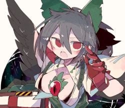 Rule 34 | 1girl, black hair, black wings, blush, bow, breasts, cape, feathered wings, gloves, green bow, hair between eyes, hair bow, large breasts, long hair, looking at viewer, massakasama, open mouth, red eyes, red gloves, reiuji utsuho, shirt, short sleeves, simple background, solo, teeth, third eye, touhou, upper body, upper teeth only, weapon, white background, white shirt, wings