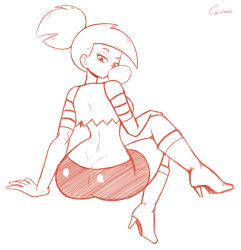 Rule 34 | 1girl, ass, boots, butt crack, canime, chewing gum, crop top, crossed legs, dimples of venus, enid (ok k.o.!), from behind, high heel boots, high heels, high ponytail, looking at viewer, looking back, narrow waist, ok k.o.! let&#039;s be heroes, ponytail, shorts, simple background, solo, thick thighs, thighs, white background