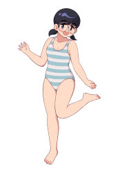 Rule 34 | 1girl, aragon honnin, barefoot, black-framed eyewear, black hair, blue eyes, blue one-piece swimsuit, blush, breasts, cleavage, full body, glasses, highres, looking at viewer, low twintails, multicolored clothes, multicolored swimsuit, one-piece swimsuit, open mouth, original, round eyewear, short hair, short twintails, simple background, small breasts, smile, solo, striped clothes, striped one-piece swimsuit, swept bangs, swimsuit, twintails, white background, white one-piece swimsuit