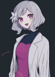 Rule 34 | 1girl, blush stickers, flower, grey hair, hair flower, hair ornament, high collar, jacket, long sleeves, looking at viewer, maco22, open mouth, original, pink eyes, short hair, smile, solo