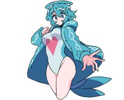 Rule 34 | 1girl, blue eyes, blue hair, blue jacket, breasts, creatures (company), cropped legs, game freak, gotoroku (pkg), halo, highres, jacket, leotard, long sleeves, medium breasts, nintendo, palafin, personification, pokemon, short hair, simple background, solo, standing, white background