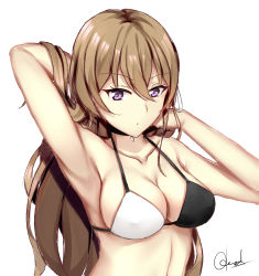 Rule 34 | 1girl, arm up, armpits, bikini, black bikini, breasts, chrisandita, cleavage, closed mouth, collarbone, commentary, english commentary, hair between eyes, hair ribbon, halterneck, highres, large breasts, light brown hair, long hair, looking at viewer, multicolored bikini, multicolored clothes, navel, original, purple eyes, ribbon, signature, solo, swimsuit, upper body, very long hair, white bikini, white ribbon