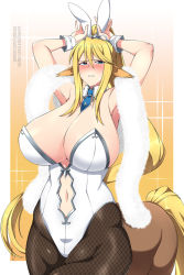 Rule 34 | 1girl, animal ears, armpits, arms up, artoria pendragon (all), artoria pendragon (fate), artoria pendragon (swimsuit ruler) (fate), artoria pendragon (swimsuit ruler) (fate) (cosplay), bare shoulders, blonde hair, blue eyes, blue necktie, blush, breasts, centaur, centorea shianus, cleavage, clothing cutout, commentary, commission, cosplay, cowboy shot, detached collar, english commentary, fake animal ears, fate/grand order, fate (series), feather boa, fishnet pantyhose, fishnets, hair between eyes, highleg, highleg leotard, horse ears, horse tail, huge breasts, leotard, lindaroze, long hair, looking at viewer, monster girl, monster musume no iru nichijou, multiple legs, navel, navel cutout, necktie, nose blush, orange background, pantyhose, parted lips, patreon username, playboy bunny, pointy ears, ponytail, rabbit ears, sidelocks, solo, standing, standing on three legs, tail, taur, tiara, twitter username, very long hair, watermark, web address, white leotard, wrist cuffs
