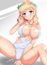 Rule 34 | 1girl, absurdres, bare legs, bead bracelet, beads, blonde hair, blue eyes, bracelet, breasts, cameltoe, closed mouth, commentary request, commission, covered navel, deogho (liujinzy9854), highres, jewelry, large breasts, necklace, olive wreath, one-piece swimsuit, original, signature, simple background, sitting, smile, spread legs, swimsuit, white one-piece swimsuit