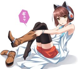 Rule 34 | 1girl, animal ear headphones, animal ears, bare arms, bare shoulders, black thighhighs, blush, boots, bracelet, brown eyes, brown footwear, brown hair, cat ear headphones, coat, coattails, commentary request, fake animal ears, feet, from side, full body, headphones, high heel boots, high heels, highres, jewelry, kasukabe you, knee boots, kyuutou (kyuutouryuu), legs up, looking to the side, mondaiji-tachi ga isekai kara kuru sou desu yo?, open mouth, pocket, putting on boots, putting on shoes, red shorts, shoes, short hair, shorts, simple background, single boot, single shoe, sleeveless, sleeveless coat, solo, speech bubble, thighhighs, unworn boots, white background, zettai ryouiki