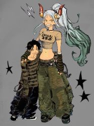 Rule 34 | 1boy, 1girl, angry, arm around waist, arm over shoulder, baggy pants, belt, black nails, black pants, boots, breasts, cargo pants, clenched teeth, crop top, curled horns, earrings, full body, green pants, hair ornament, highres, horns, jewelry, long hair, loose pants, lowleg, lowleg pants, makenevemoiine, midriff, multicolored hair, multicolored horns, nail polish, navel, necklace, one piece, pants, platform boots, platform footwear, ponytail, portgas d. ace, sagging pants, shoes, simple background, smile, sneakers, sweater, tall female, teeth, underwear, vanilla, wallet chain, white hair, yamato (one piece)