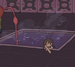 Rule 34 | 1girl, 1other, air bubble, bathing, blush, braid, brown hair, bubble, closed eyes, commentary request, fucca, highres, long hair, low twin braids, madotsuki, nose blush, onsen, onsen-san (yume nikki), open mouth, out of frame, outstretched arm, partially submerged, refraction, relaxing, solo focus, steam, tile floor, tiles, twin braids, water, wide shot, yume nikki