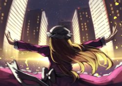 Rule 34 | 1girl, berabou, blonde hair, bloom, bow, cityscape, dress, from behind, hat, juliet sleeves, long hair, long sleeves, maribel hearn, mob cap, night, night sky, outstretched arms, puffy sleeves, purple dress, sash, sky, solo, star (sky), starry sky, touhou, upper body, white bow