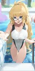 Rule 34 | 1girl, absurdres, ao tsukushi, ball, beachball, black-framed eyewear, blonde hair, blue eyes, competition swimsuit, cowboy shot, fate/grand order, fate (series), glasses, high ponytail, highleg, highleg swimsuit, highres, jeanne d&#039;arc (fate), jeanne d&#039;arc (swimsuit archer) (fate), jeanne d&#039;arc (swimsuit archer) (second ascension) (fate), one-piece swimsuit, pool, pool ladder, solo, swimsuit, two-tone swimsuit, wading, water, white one-piece swimsuit