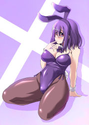 Rule 34 | 1girl, animal ears, blush, bow, bowtie, breasts, cleavage, curvy, detached collar, fake animal ears, female focus, glasses, large breasts, original, pantyhose, playboy bunny, purple eyes, purple hair, rabbit ears, rabbit tail, short hair, sitting, solo, tail, tonpuu, wide hips, wrist cuffs