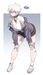 Rule 34 | 1girl, absurdres, anger vein, bandages, bandaid, bandaid on face, bell, bike shorts, bike shorts under skirt, blue eyes, breasts, collar, collared shirt, commentary, devil may cry (series), english commentary, frown, full body, genderswap, genderswap (mtf), gintm, gradient background, hand wraps, hands on own knees, highres, injury, jacket, jingle bell, large breasts, leaning forward, looking at viewer, neck bell, nero (devil may cry), off shoulder, scrape, shirt, shoes, short hair, skirt, socks, solo, spoken anger vein, two-tone background, white hair, white shirt