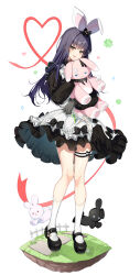 Rule 34 | 1girl, :d, absurdres, animal ears, apron, black bow, black dress, black footwear, black rabbit (animal), blue hair, bow, closers, clover, crystal, dandelion, dark blue hair, dress, eunha (closers), fake animal ears, fence, flower, four-leaf clover, frilled apron, frilled dress, frills, full body, glint, gloves, green eyes, grey gloves, hair bow, heart, highres, holding, holding knife, holding stuffed toy, kneehighs, knees together feet apart, knife, long hair, long sleeves, looking at viewer, mary janes, hugging object, official art, on grass, open mouth, puffy long sleeves, puffy sleeves, rabbit ears, red ribbon, ribbon, shoes, short dress, smile, socks, solo, standing, stepping stones, stuffed animal, stuffed rabbit, stuffed toy, tachi-e, teeth, thigh bow, thigh strap, upper teeth only, white apron, white background, white rabbit (animal), white socks, wooden fence
