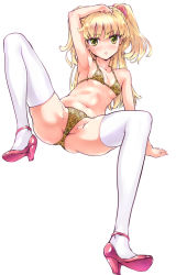 Rule 34 | 1girl, animal print, arm on own head, arm support, arm up, bikini, blonde hair, breasts, cleavage, collarbone, full body, green eyes, high heels, idolmaster, idolmaster cinderella girls, jougasaki rika, leopard print, long hair, looking at viewer, navel, pink footwear, shoes, simple background, skindentation, small breasts, solo, suzuki24, swimsuit, thighhighs, two side up, underboob, white background, white thighhighs
