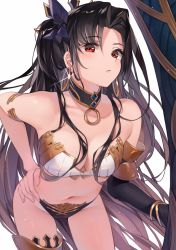 Rule 34 | 1girl, armlet, bare shoulders, bent over, bikini, black bikini, black bow, black hair, bow, breasts, cleavage, closed mouth, collar, commentary, cowboy shot, detached sleeves, earrings, fate/grand order, fate (series), glint, hair bow, hand on own hip, heavenly boat maanna, highres, hoop earrings, ishtar (fate), jewelry, long hair, looking at viewer, medium breasts, mismatched bikini, navel, parted bangs, simple background, single detached sleeve, single thighhigh, solo, strapless, strapless bikini, swimsuit, thighhighs, to gemichi, two side up, very long hair, white background, white bikini