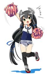 Rule 34 | 1girl, black hair, black thighhighs, blouse, cheering, cheerleader, commentary request, covered navel, crop top, full body, green eyes, grey neckerchief, hair ribbon, headgear, highres, holding, holding pom poms, i-47 (kancolle), kantai collection, long hair, low-tied long hair, nassukun, neckerchief, pom pom (cheerleading), pom poms, ribbon, sailor collar, sailor shirt, school swimsuit, see-through, see-through skirt, shirt, sidelocks, simple background, skirt, sleeveless, sleeveless shirt, solo, swimsuit, thighhighs, tress ribbon, very long hair, white background, white sailor collar