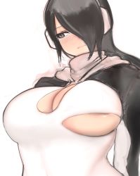 Rule 34 | 1girl, areola slip, black eyes, black hair, black jacket, blush, breasts, closed mouth, clothing cutout, embarrassed, emperor penguin (kemono friends), female focus, gloves, hair over one eye, hand on breast, headphones, highres, jacket, kemono friends, large breasts, looking away, medium hair, no bra, nose blush, open clothes, shibori kasu, shirt, simple background, solo, underboob, underboob cutout, upper body, white background, white shirt