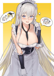 Rule 34 | 3girls, alternate costume, apron, azur lane, bare shoulders, belfast (azur lane), belfast (azur lane) (cosplay), black necktie, blush, breasts, cleavage, commentary request, cosplay, dress, duan henglong, enterprise (azur lane), frills, heart, heart-shaped pupils, highres, hornet (azur lane), large breasts, long sleeves, looking at viewer, maid, maid apron, maid headdress, mimikaki, multiple girls, necktie, open mouth, silver hair, solo, symbol-shaped pupils, yellow background, yorktown (azur lane)