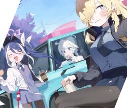 Rule 34 | 3girls, antenna hair, black jacket, black necktie, black pantyhose, black skirt, blonde hair, blue archive, blue eyes, blue hair, blue halo, blue shirt, blue skirt, blue vest, blush, breasts, car, closed eyes, collared shirt, day, drink, drinking straw, food, fubuki (blue archive), grey hair, hair over one eye, halo, hat, highres, holding, holding drink, holding food, jacket, kanna (blue archive), kirino (blue archive), large breasts, long hair, long sleeves, motor vehicle, multicolored hair, multiple girls, necktie, open clothes, open jacket, open mouth, outdoors, pantyhose, pink halo, shirt, skirt, smile, twintails, useq1067, vest, white jacket, white shirt