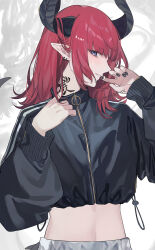 Rule 34 | 1girl, black jacket, black nails, collar tug, cropped jacket, demon horns, earrings, finger to mouth, highres, horns, jacket, jewelry, looking at viewer, medium hair, midriff, nail polish, neck tattoo, original, parted lips, pointy ears, profile, purple eyes, red hair, shugao, solo, tattoo, twitter username, upper body