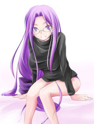 Rule 34 | 00s, bottomless, fate/stay night, fate (series), glasses, long hair, medusa (fate), medusa (rider) (fate), no pants, official alternate costume, panties, purple eyes, purple hair, solo, square pupils, underwear, very long hair, zanku