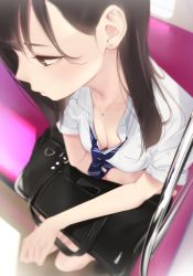 Rule 34 | 1girl, ama mitsuki, bag, blue necktie, blurry, blush, breasts, brown eyes, brown hair, cleavage, close-up, closed mouth, collarbone, collared shirt, depth of field, diagonal-striped clothes, diagonal-striped necktie, diagonal-striped neckwear, downblouse, earrings, from above, hair behind ear, jewelry, long hair, looking away, loose necktie, medium breasts, necklace, necktie, no bra, original, school bag, school uniform, seat, shirt, short sleeves, sitting, solo, striped clothes, striped necktie, striped neckwear, sweat, train interior, unbuttoned, white shirt