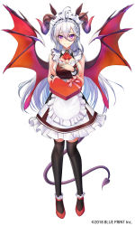 Rule 34 | 1girl, antenna hair, apron, asmodeus (lost crusade), bare shoulders, blush, box, braid, breasts, cleavage, curled horns, demon horns, demon tail, demon wings, frills, full body, gift, hair between eyes, heart-shaped box, highres, holding, holding gift, horns, large breasts, long hair, looking at viewer, lost crusade, maid, maid headdress, morichika shuuto, multicolored wings, official art, purple eyes, shoes, sideboob, sidelocks, silver hair, smile, solo, standing, tail, twitter username, very long hair, white background, wings