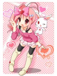 Rule 34 | 1girl, black thighhighs, blush, boots, bracelet, flat chest, hair ornament, heart, heart hair ornament, jewelpet (series), jewelpet kira deco!, jewelry, karaage3, knee boots, leaning forward, one eye closed, oomiya pink, open mouth, pink eyes, pink hair, polka dot, polka dot background, ruby (jewelpet), side ponytail, solo, thighhighs, v, wink