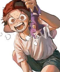 Rule 34 | 1boy, puff of air, anger vein, backwards hat, baseball cap, brown eyes, brown hair, creatures (company), game freak, gen 1 pokemon, hat, highres, holding, holding pokemon, looking at viewer, male focus, nintendo, open mouth, pokemon, pokemon (creature), pokemon rgby, rattata, red eyes, red headwear, shirt, short sleeves, shorts, simple background, sweat, white background, white shirt, youngster (pokemon), yoyoha chan