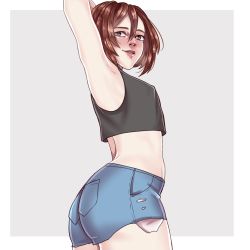 Rule 34 | 1girl, absurdres, arm behind head, armpits, black tank top, blush, breasts, brown eyes, brown hair, denim, denim shorts, covered erect nipples, highres, looking back, messenger (41986996), original, short hair, shorts, simple background, small breasts, solo, tank top, white background