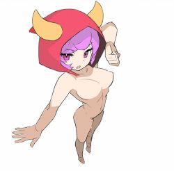 Rule 34 | 10s, 1girl, breasts, courtney (pokemon), courtney (pokemon oras), creatures (company), fake horns, fighting stance, from above, full body, game freak, horned headwear, horns, looking at viewer, nintendo, nude, open mouth, outstretched arm, outstretched hand, pokemon, pokemon oras, purple eyes, purple hair, saitou naoki, short hair, simple background, sketch, solo, team magma, white background