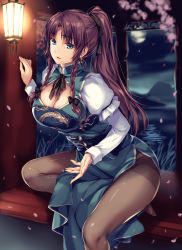 Rule 34 | 1girl, adapted costume, alternate hairstyle, black bow, black ribbon, blurry, blurry background, bow, braid, breasts, brown pantyhose, cherry blossoms, china dress, chinese clothes, cleavage, commentary request, dragon print, dress, earrings, full moon, grass, green dress, green eyes, hair bow, hair ribbon, highres, hong meiling, jewelry, lake, lantern, large breasts, leaning forward, light, long hair, long sleeves, looking at viewer, monety, moon, night, night sky, no shoes, open mouth, pantyhose, parted bangs, pelvic curtain, petals, ponytail, red hair, ribbon, shiny clothes, side braid, sitting, sky, solo, thighband pantyhose, touhou, twin braids