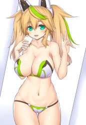 Rule 34 | 1girl, :d, asamura hiori, bikini, blonde hair, breasts, cameltoe, cellphone, cleavage, cleft of venus, cowboy shot, fang, gene (pso2), green hair, headgear, highres, holding, holding phone, large breasts, looking at viewer, multicolored hair, nail polish, navel, open mouth, phantasy star, phantasy star online 2, phone, pink nails, shiny skin, smartphone, smile, solo, standing, stomach, strapless, strapless bikini, streaked hair, swimsuit, tareme, thigh gap, twintails, v, white background, white bikini