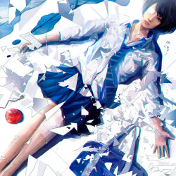 Rule 34 | 1girl, bag, blue background, blue necktie, closed mouth, collared shirt, diagonal stripes, expressionless, eyepatch, from above, highres, legs together, long sleeves, looking at viewer, lying, necktie, on back, on floor, one eye covered, original, outstretched arms, pleated skirt, school bag, school uniform, shirt, short hair, skirt, solo, spread arms, striped necktie, striped neckwear, wataboku, white shirt, wing collar