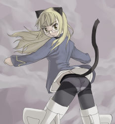 Rule 34 | 00s, 1girl, animal ears, ass, blonde hair, crotch seam, glasses, long hair, panties, panties under pantyhose, pantyhose, perrine h. clostermann, solo, strike witches, striker unit, tail, underwear, uniform, world witches series, yellow eyes, you2