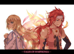 Rule 34 | 00s, 1boy, 1girl, bare shoulders, blonde hair, blue eyes, colette brunel, copyright name, detached sleeves, headband, letterboxed, long hair, looking back, miho (mi), own hands clasped, own hands together, red hair, simple background, tales of (series), tales of symphonia, vest, white background, wings, zelos wilder