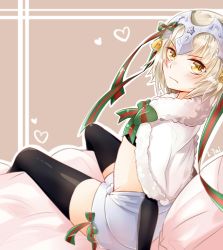 Rule 34 | 1girl, bell, black gloves, black thighhighs, blonde hair, elbow gloves, fate/apocrypha, fate/grand order, fate (series), gloves, hair ribbon, headpiece, helmet, highres, jeanne d&#039;arc (fate), jeanne d&#039;arc alter (fate), jeanne d&#039;arc alter santa lily (fate), looking at viewer, ltai, ribbon, short hair, solo, thighhighs, yellow eyes