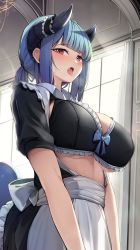 Rule 34 | 1girl, alternate costume, apron, black bra, blue bow, blue hair, blush, bow, bow bra, bra, breasts, curtains, ddangbi, enmaided, frilled bra, frills, frown, highres, horns, large breasts, looking at viewer, maid, medium hair, open mouth, original, red eyes, saliva, short ponytail, sidelocks, solo, standing, tail, tongue, underwear, white apron, window