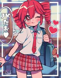 Rule 34 | 1girl, ahoge, alternate costume, arm at side, artist name, bag, blue wristband, blush, bright pupils, character charm, charm (object), collared shirt, drill hair, hair between eyes, heart, kasane teto, looking at viewer, nail polish, necktie, one eye closed, plaid, plaid skirt, red eyes, red hair, red nails, red necktie, red scrunchie, red skirt, scrunchie, shirt, shirt tucked in, short hair, short sleeves, shoulder bag, skirt, smile, solo, speech bubble, tongue, tongue out, twin drills, utau, v-shaped eyebrows, white pupils, white shirt, wrist scrunchie, yuusuke-kun