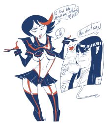 Rule 34 | 2girls, alternate costume, ashi (samurai jack), blush, breasts, cosplay, cropped legs, crossover, cup, drink, english text, female focus, garter straps, gloves, hands up, heart, highres, kill la kill, kiryuuin satsuki, large breasts, lips, long hair, long sleeves, looking down, matoi ryuuko, matoi ryuuko (cosplay), miniskirt, monochrome, multicolored hair, multiple girls, navel, pleated skirt, red gloves, samurai jack, short hair, shrugging, simple background, skirt, slb, speech bubble, spoken heart, spot color, standing, steam, suspenders, sweatdrop, talking, teacup, text focus, thighhighs, thought bubble, two-tone hair, underboob, white background, zettai ryouiki