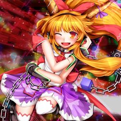 Rule 34 | 1girl, ;d, blush, bow, chain, dress, fang, female focus, horns, ibuki suika, kazetto, one eye closed, open mouth, smile, solo, thighhighs, touhou, wink